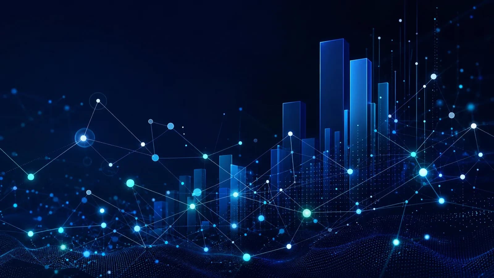 Abstract cybersecurity network nodes and demand visualization in navy, teal, and blue