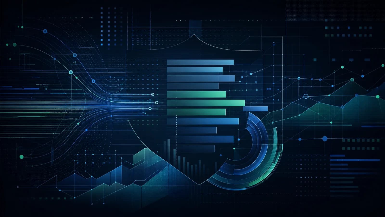 Abstract cybersecurity data visualization with role-volume bars, network lines, and salary-analysis motifs in blue and green